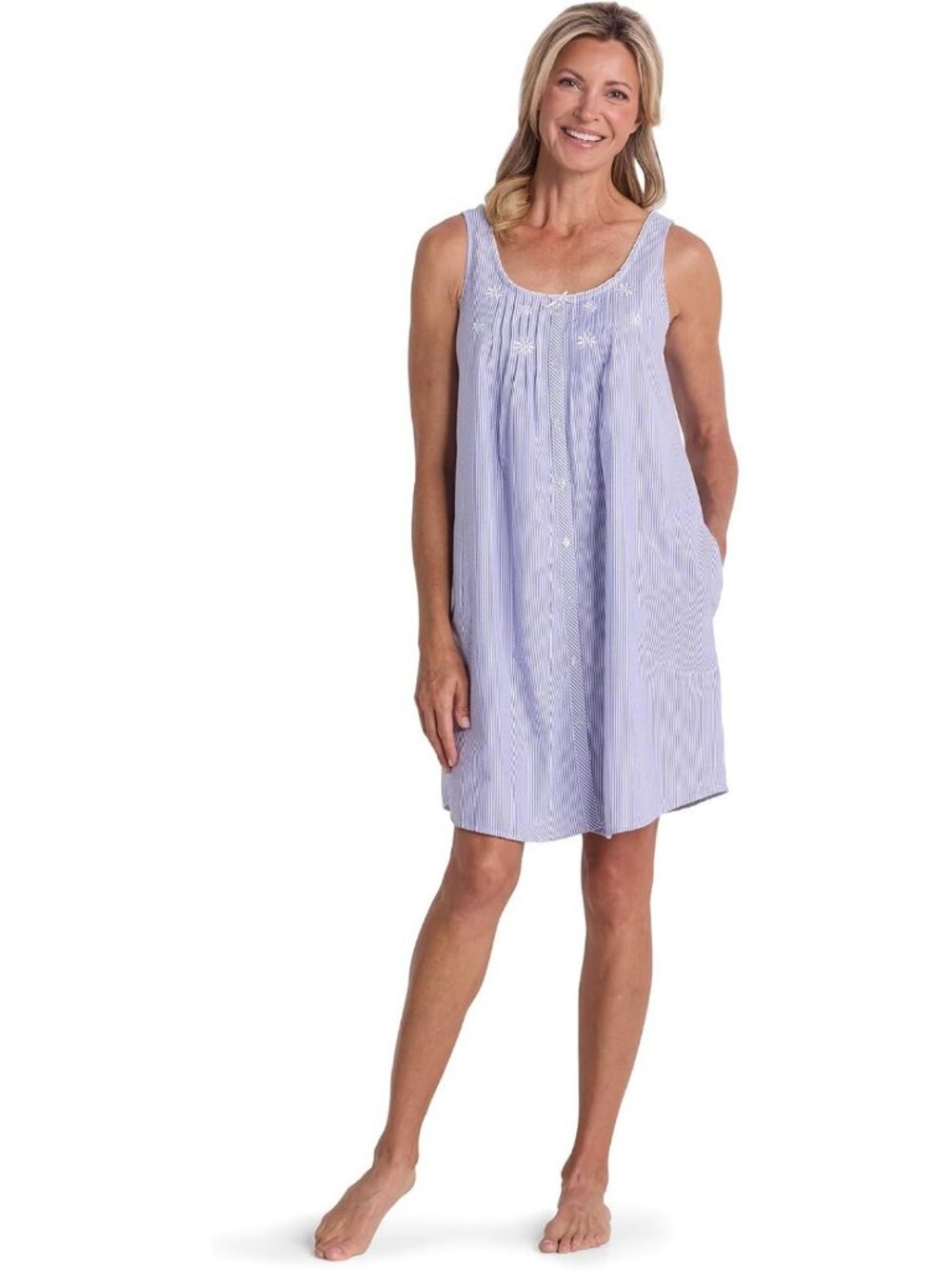 Seersucker Short Nightgown for Women - Sleeveless Button Front Sleepwear Dress
